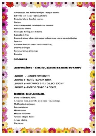 Atividades do livro de historia Projeto Pitangua historia
Entrevista com os pais - sobre sua historia
Pesquisas, leitura, desenhos, recortes.
Cartazes
Atividades xerocadas, mimeografadas, impressas.
Exercícios no caderno
Construção de maquetes do bairro.
Exposição de fotos
Passeio de estudo sobre o bairro para conhecer onde e como são as instituições
Desenhos
Ambiente da escola (vista - como o aluno a vê)
Desenhos e colagens
Conversas formais e informais
Pesquisas

GEOGRAFIA


LIVRO DIDÁTICO – GIRASSOL: SABERES E FAZERES DO CAMPO


UNIDADE 1 – LUGARES E PEISAGENS
UNIDADE 2 – NOSSO PLANETA TERRA
UNIDADE 3 – OS CAMPOS E SEUS GRUPOS SOCIAIS
UNIDADE 4 – ENTRE O CAMPO E A CIDADE

CONTEÚDOS COMPLEMENTARES:
Bairro e sua historia, nome.
A rua onde mora, o caminho ate a escola – seu endereço.
Modificação da paisagem
Recursos naturais
Matéria prima
Meios de transportes
Tempo e estações do ano
A rua e o bairro
O endereço
 
