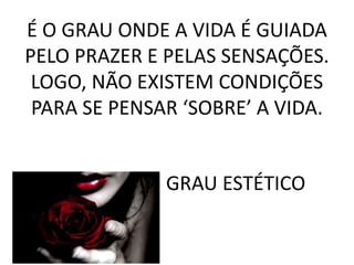 É O GRAU ONDE A VIDA É GUIADA 
PELO PRAZER E PELAS SENSAÇÕES. 
LOGO, NÃO EXISTEM CONDIÇÕES 
PARA SE PENSAR ‘SOBRE’ A VIDA. 
GRAU ESTÉTICO 
 