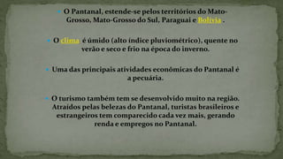  O Pantanal, estende-se pelos territórios do Mato-
Grosso, Mato-Grosso do Sul, Paraguai e Bolívia .
 O clima é úmido (alto índice pluviométrico), quente no
verão e seco e frio na época do inverno.
 Uma das principais atividades econômicas do Pantanal é
a pecuária.
 O turismo também tem se desenvolvido muito na região.
Atraídos pelas belezas do Pantanal, turistas brasileiros e
estrangeiros tem comparecido cada vez mais, gerando
renda e empregos no Pantanal.
 