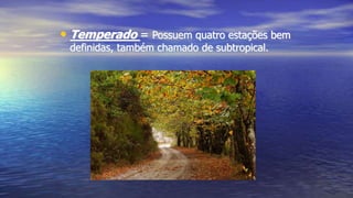 • Temperado = Possuem quatro estações bem
definidas, também chamado de subtropical.
 
