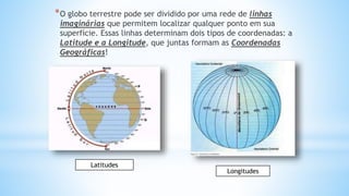 *O globo terrestre pode ser dividido por uma rede de linhas
imaginárias que permitem localizar qualquer ponto em sua
superfície. Essas linhas determinam dois tipos de coordenadas: a
Latitude e a Longitude, que juntas formam as Coordenadas
Geográficas!
Latitudes
Longitudes
 