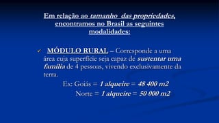 Em relação ao tamanho das propriedades,
encontramos no Brasil as seguintes
modalidades:
 MÓDULO RURAL – Corresponde a uma
área cuja superfície seja capaz de sustentar uma
família de 4 pessoas, vivendo exclusivamente da
terra.
Ex: Goiás = 1 alqueire = 48 400 m2
Norte = 1 alqueire = 50 000 m2
 