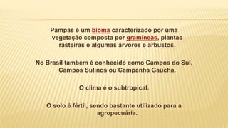 Pampas é um bioma caracterizado por uma
vegetação composta por gramíneas, plantas
rasteiras e algumas árvores e arbustos.
No Brasil também é conhecido como Campos do Sul,
Campos Sulinos ou Campanha Gaúcha.
O clima é o subtropical.
O solo é fértil, sendo bastante utilizado para a
agropecuária.
 