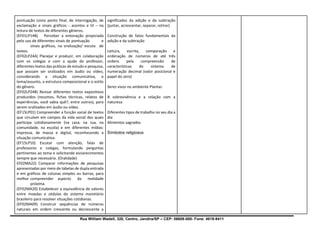 Rua William Wadell, 320, Centro, Jandira/SP – CEP: 06606-000- Fone: 4619-9411
pontuação como ponto final, de interrogação, de
exclamação e sinais gráficos - acentos e til – na
leitura de textos de diferentes gêneros.
(EF01LP14B) Perceber a entonação propiciada
pelo uso de diferentes sinais de pontuação e
sinais gráficos, na oralização/ escuta de
textos.
(EF02LP24A) Planejar e produzir, em colaboração
com os colegas e com a ajuda do professor,
diferentes textos das práticas de estudo e pesquisa,
que possam ser oralizados em áudio ou vídeo,
considerando a situação comunicativa, o
tema/assunto, a estrutura composicional e o estilo
do gênero.
(EF02LP24B) Revisar diferentes textos expositivos
produzidos (resumos, fichas técnicas, relatos de
experiências, você sabia quê?, entre outros), para
serem oralizados em áudio ou vídeo.
(EF15LP01) Compreender a função social de textos
que circulam em campos da vida social dos quais
participa cotidianamente (na casa, na rua, na
comunidade, na escola) e em diferentes mídias:
impressa, de massa e digital, reconhecendo a
situação comunicativa.
(EF15LP10) Escutar com atenção, falas de
professores e colegas, formulando perguntas
pertinentes ao tema e solicitando esclarecimentos
sempre que necessário. (Oralidade)
EF02MA22) Comparar informações de pesquisas
apresentadas por meio de tabelas de dupla entrada
e em gráficos de colunas simples ou barras, para
melhor compreender aspecto da realidade
próxima.
(EF02MA20) Estabelecer a equivalência de valores
entre moedas e cédulas do sistema monetário
brasileiro para resolver situações cotidianas.
(EF02MA09) Construir sequências de números
naturais em ordem crescente ou decrescente a
significados da adição e da subtração
(juntar, acrescentar, separar, retirar)
Construção de fatos fundamentais da
adição e da subtração
Leitura, escrita, comparação e
ordenação de números de até três
ordens pela compreensão de
características do sistema de
numeração decimal (valor posicional e
papel do zero)
Seres vivos no ambiente Plantas
A sobrevivência e a relação com a
natureza
Diferentes tipos de trabalho no seu dia a
dia
Alimentos sagrados
Símbolos religiosos
 