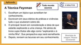 A Técnica Feynman
1. Escolham um tópico que acreditam ter
conhecimento.
2. Escrevam em seus diários de práticas e vivências
tudo o que souberem sobre ele.
3. O principal: levem em consideração a ideia de que
estarão explicando a uma criança. Há séries de
livros cujos títulos são algo como “explicando x à
minha filha”. Sua perspectiva aqui será semelhante.
4. Depois, revisem as lacunas em seu conhecimento.
X MINUTOS
Descrição da
imagem: Pessoa
escrevendo
Todo mundo
escreve
 