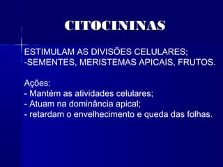 CITOCININAS
ESTIMULAM AS DIVISÕES CELULARES;
-SEMENTES, MERISTEMAS APICAIS, FRUTOS.
Ações:
- Mantém as atividades celulares;
- Atuam na dominância apical;
- retardam o envelhecimento e queda das folhas.

 