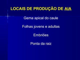 LOCAIS DE PRODUÇÃO DE AIA
Gema apical do caule
Folhas jovens e adultas
Embriões
Ponta da raiz

 