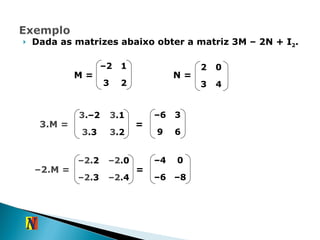 Dada as matrizes abaixo obter a matriz 3M – 2N + I 2 . N = M = 3.M = 3 .2 3 .3 3 .1 3 .–2 = – 2.M = – 2 .4 – 2 .3 – 2 .0 – 2 .2 = – 2 1 3 2 2 0 3 4 – 6 3 9 6 – 4 0 – 6 – 8 