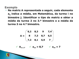 Na matriz A representada a seguir, cada elemento a ij  indica a média, em Matemática, da turma i no bimestre j. Identificar o tipo de matriz e obter a média da turma 2 no 3.º bimestre e a média da turma 3 no 4.º bimestre. A = A 3 x 2 . a 23  = 8,7 a 34  = 7 6,2 8,3 9 7,4 8 7,3 8,7 6,5 7,2 8,1 6,9 7 