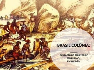 BRASIL COLÔNIA:
OCUPAÇÃO DO TERRITÓRIO/
MINERAÇÃO/
ESCRAVIDÃO.
 