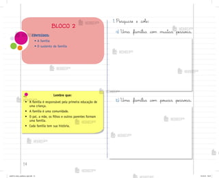 14
1. Pesquise e coŒe:
a) Uma família co¼ muitas pesso˜s.
b) Uma família co¼ po§cas pesso˜s.
CONTEÚDOS:
• A família
• O sustento da família
BLOCO 2
Lembre que:
• A família é responsável pela primeira educação de
uma criança.
• A família é uma comunidade.
• O pai, a mãe, os filhos e outros parentes formam
uma família.
• Cada família tem sua história.
me2013_miolo_cadfuturo_hg2.indb 14 14/12/12 18:37
 
