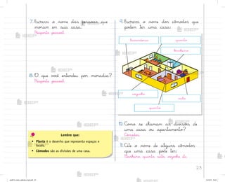 23
7. Escreva o no¼e das pesso˜s que
mo’am em sua casa.
Respo“ta pesso˜l.
8. O que v¾}ê entendeu po’ mo’adia?
Respo“ta pesso˜l.
9. Escreva o no¼e do“ cô¼o‚o“ que
po‚em ter uma casa:
10. C¾¼o se chamam as div‰sõƒs de
uma casa o§ apartamento?
C¢¼o‚o“.
11. C‰te o no¼e de alguns cô¼o‚o“
que uma casa po‚e ter:
−anheiro, quarto, sala, coûinha etc.
lav˜nderia
coûinha
quarto
b{nheiro
sala
quarto
Lembre que:
• Planta é o desenho que representa espaços e
locais.
• Cômodos são as divisões de uma casa.
me2013_miolo_cadfuturo_hg2.indb 23 14/12/12 18:37
 