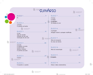 SUMÁRIO
BLOCO 1 .......................................................4
Eu
BLOCO 2 .....................................................14
A família
O sustento da família
BLOCO 3 .....................................................19
A casa
Tipos de moradia
Cômodos de uma casa
Construção de uma casa
BLOCO 4 ................................................... 28
A escola
O trabalho na escola
A sala de aula
Direitos e deveres
O caminho da escola
BLOCO 5 ....................................................39
O bairro
BLOCO 6.....................................................42
O nascente e o poente
BLOCO 7 ....................................................45
O tempo
O relógio
O calendário
As estações do ano
BLOCO 8....................................................52
A paisagem
Paisagem natural e paisagem modificada
BLOCO 9 ....................................................56
Meios de transporte
Os sinais de trânsito
BLOCO 10 ................................................... 64
Meios de comunicação
BLOCO 11 ....................................................69
O trabalho
BLOCO 12 ...................................................74
Festas e datas comemorativas
me2013_miolo_cadfuturo_hg2.indb 3 14/12/12 18:36
 