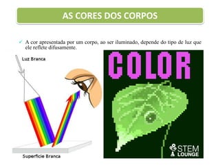 AS CORES DOS CORPOS
 A cor apresentada por um corpo, ao ser iluminado, depende do tipo de luz que
ele reflete difusamente.
 