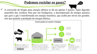  A conversão do biogás para energia elétrica se dá em apenas 3 passos. Após digestão
anaeróbia dos resíduos feita por um biodigestor, a decomposição da energia química
que gera o gás é transformada em energia mecânica, que acaba por ativar um gerador,
este que permite a produção de energia elétrica.
Podemos reciclar os gases?
 