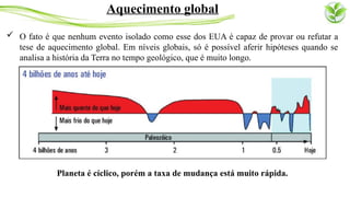  O fato é que nenhum evento isolado como esse dos EUA é capaz de provar ou refutar a
tese de aquecimento global. Em níveis globais, só é possível aferir hipóteses quando se
analisa a história da Terra no tempo geológico, que é muito longo.
Planeta é cíclico, porém a taxa de mudança está muito rápida.
Aquecimento global
 