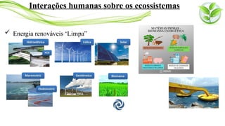  Energia renováveis ‘Limpa”
Interações humanas sobre os ecossistemas
 
