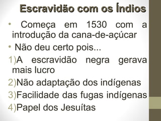 Escravidão com os ÍndiosEscravidão com os Índios
• Começa em 1530 com a
introdução da cana-de-açúcar
• Não deu certo pois...
1)A escravidão negra gerava
mais lucro
2)Não adaptação dos indígenas
3)Facilidade das fugas indígenas
4)Papel dos Jesuítas
 