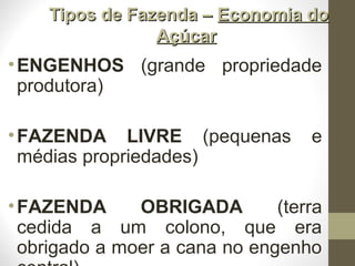 Tipos de Fazenda –Tipos de Fazenda – Economia doEconomia do
AçúcarAçúcar
•ENGENHOS (grande propriedade
produtora)
•FAZENDA LIVRE (pequenas e
médias propriedades)
•FAZENDA OBRIGADA (terra
cedida a um colono, que era
obrigado a moer a cana no engenho
 