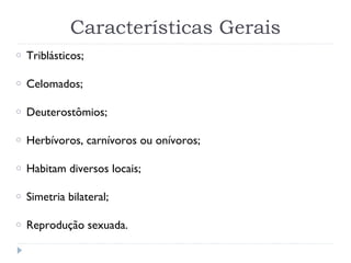 Características Gerais
o Triblásticos;
o Celomados;
o Deuterostômios;
o Herbívoros, carnívoros ou onívoros;
o Habitam diversos locais;
o Simetria bilateral;
o Reprodução sexuada.
 