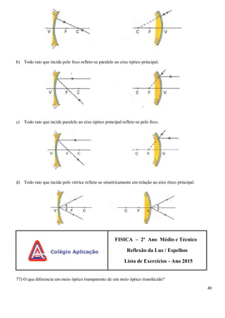 40
b) Todo raio que incide pelo foco reflete-se paralelo ao eixo óptico principal.
c) Todo raio que incide paralelo ao eixo óptico principal reflete-se pelo foco.
d) Todo raio que incide pelo vértice reflete-se simetricamente em relação ao eixo ótico principal.
FISICA – 2º Ano Médio e Técnico
Reflexão da Luz / Espelhos
Lista de Exercícios - Ano 2015
77) O que diferencia um meio óptico transparente de um meio óptico translúcido?
 