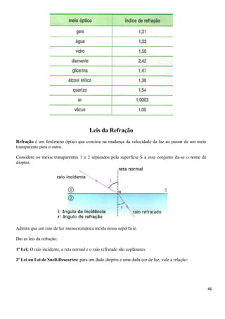 46
Leis da Refração
Refração é um fenômeno óptico que consiste na mudança da velocidade da luz ao passar de um meio
transparente para o outro.
Considere os meios transparentes 1 e 2 separados pela superfície S a esse conjunto da-se o nome de
dioptro.
Admita que um raio de luz monocromática incida nessa superfície.
Daí as leis da refração:
1ª Lei: O raio incidente, a reta normal e o raio refratado são coplanares.
2ª Lei ou Lei de Snell-Descartes: para um dado dioptro e uma dada cor de luz, vale a relação:
 