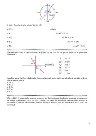 53
O índice de refração absoluto do líquido vale:
a) 0,71; Admita:
b) 1,2; sen 45° = 0,70
c) 1,4; cos 45° = 0,70
d) 1,7; sen 30° = 0,50
e) 2,0. cos 30° = 0,86
***********************************************************************************
125) (VUNESP-SP) A figura mostra a trajetória de um raio de luz que se dirige do ar para uma
substância X.
Usando a lei de Snell e a tabela dada, é possível concluir que o índice de refração da substância X em
relação ao ar é igual a:
a) 0,67;
b) 1,17;
c) 1,48;
d) 0,90;
e) 1,34.
***********************************************************************************
126) (UERJ) O apresentador anuncia o número do ilusionista que, totalmente amarrado e imerso em
um tanque transparente, cheio de água, escapará de modo surpreendente. Durante esse número, o
ilusionista vê, em um certo instante, um dos holofotes do circo, que lhe parece estar a 53° acima da
horizontal.
 