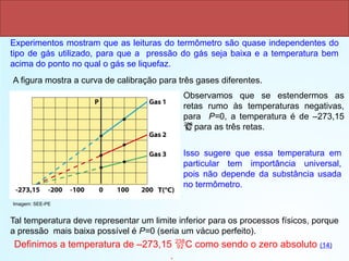Experimentos mostram que as leituras do termômetro são quase independentes do
tipo de gás utilizado, para que a pressão do gás seja baixa e a temperatura bem
acima do ponto no qual o gás se liquefaz.
A figura mostra a curva de calibração para três gases diferentes.
Observamos que se estendermos as
retas rumo às temperaturas negativas,
para P=0, a temperatura é de –273,15

C para as três retas.
Tal temperatura deve representar um limite inferior para os processos físicos, porque
a pressão mais baixa possível é P=0 (seria um vácuo perfeito).
Isso sugere que essa temperatura em
particular tem importância universal,
pois não depende da substância usada
no termômetro.
Definimos a temperatura de –273,15 C como sendo o zero absoluto (14)
.
Imagem: SEE-PE
 