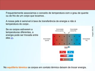 Se os corpos estiverem a
temperaturas diferentes, a
energia pode ser trocada entre
eles (2).
No equilíbrio térmico os corpos em contato térmico deixam de trocar energia.
Frequentemente associamos o conceito de temperatura com o grau de quente
ou de frio de um corpo que tocamos .
A nossa pele é sensível à taxa de transferência de energia e não à
temperatura do corpo .
Imagem:
SEE-PE
 