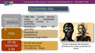 19
Zumbi e Dandara dos Palmares –
Guerreiros do maior quilombo do
Brasil
Quilombo dos
Palmares:
• 1680-1691: Zumbi derrota
todas as expedições
enviadas contra o
quilombo.
• Resistência: tática de
guerrilha
Repressão
e
resistênci
a
• Expedição do
bandeirante
Domingos Jorge Velho
1694
:
• Zumbi executado
• Dia Nacional da
Consciência Negra
20 de
novembr
o de
 