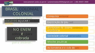 BRASIL
COLONIAL
1500/1808
NO ENEM
é
cobrada
para avaliar:
(CICLO DO AÇUCAR /
OURO)
Conquista
territorial
Exploração do pau-
brasil
Montagem do sistema
econômico
açucareiro
Sociedade colonial
(patriarcado)
Missões jesuíticas
As bandeiras e o ciclo do
ouro
 
