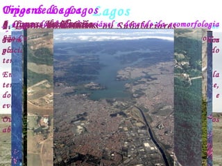Lagos
Lago é uma depressão natural na superfície da Terra que
contém permanentemente uma quantidade variável de
água. Essa água pode ser proveniente da chuva, duma
nascente local, ou de curso de água, como rios e glaciares
geleiras que deságuem nessa depressão.
A quantidade de água que um lago contém depende do
clima regional. As dimensões dos lagos são muito
variáveis, desde alguns metros até várias centenas de
quilômetros, como são os Grandes Lagos da América do
Norte ou os Grandes lagos Africanos. A sua profundidade
também varia desde alguns centímetros até várias centenas
de metros - o Lago Baikal, na Sibéria, é o mais profundo
do mundo, com 1743 metros.
Lago Ness - Escócia
Origens dos Lagos
A origem dos lagos é variável e depende da geomorfologia
do terreno.
Há um número de processos naturais que formam os lagos.
Um levantamento tectônico recente de uma cordilheira
pode criar depressões que acumulam água e formam os
lagos. O avanço e recuo dos glaciares pode também formar
depressões na superfície.
Os lagos podem também ser formados por meio de
deslizamento de terras ou por bloqueios glaciares.
Os lagos salgados formam-se onde não existe escoamento
natural ou onde a água se evapora rapidamente.
Alguns lagos, estão em zonas de rift continental, e são
Tipos de Lagos
1. Lagos
tectônicosSão formados pela acumulação das águas nas deformações
da crosta terrestre provocadas por epirogênese.
2. Lagos vulcânicos
São os lagos formados pela acumulação de água em antigas
crateras de vulcões. Esses lagos não possuem rios
afluentes, e, como dependem de água das chuvas são, em
geral, de curta duração.
3. Lagos residuais
Correspondem a antigos mares (água salgada).
Mar de Aral
4. Lagos de Erosão
São os que ocupam cavidades feitas pela erosão. Também
podem resultar da acumulação de água em depressões do
terreno após o transbordamento do rio durante as cheias.
Em terrenos calcários, formam-se lagos de erosão pela
tenta dissolução do calcário, formando, inicialmente,
dolinas (pequenas depressões de forma circular) e
evoluindo, depois, para lagoas e lagos.
Outros, mais comuns, são os lagos formados por meandros
abandonados.
5. Lagos de Geleiras ou Subglaciares
Formados pela erosão resultante do avanço e recuo dos
glaciares que gera depressões superficiais
6.Lagos Artificiais
São Construídos pela humanidade com diversos objetivos
 