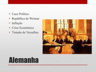 Alemanha
• Caos Politico
• República de Weimar
• Inflação
• Crise Econômica
• Tratado de Versalhes
 