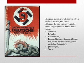 A espada nazista cravada sobre a estrela
de Davi na cabeça da cobra.
Algumas das palavras em vermelho
como sangue jorrando do réptil são:
usura,
• Versalhes ,
• Inflação,
• Bolchevismo,
• Barmat, Kutisker, Sklarek (últimos
três judeus envolvidos em grande
escândalo financeiro),
• prostituição,
• Terror.
 