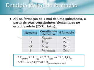  ∆H na formação de 1 mol de uma substância, a
partir de seus constituintes elementares no
estado padrão (25ºC, 1atm)
Entalpia (calor) de formação
 