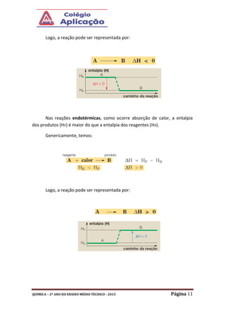 QUÍMICA – 2º ANO DO ENSINO MÉDIO TÉCNICO - 2015 Página 11
Logo, a reação pode ser representada por:
Nas reações endotérmicas, como ocorre absorção de calor, a entalpia
dos produtos (HP) é maior do que a entalpia dos reagentes (HR).
Genericamente, temos:
Logo, a reação pode ser representada por:
 