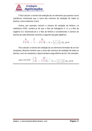 QUÍMICA – 2º ANO DO ENSINO MÉDIO TÉCNICO - 2015 Página 25
É fácil calcular o número de oxidação de um elemento que aparece numa
substância, lembrando que a soma dos números de oxidação de todos os
átomos, numa molécula, é zero.
Vamos, por exemplo, calcular o número de oxidação do fósforo, na
substância H3PO4. Lembre-se de que o Nox do hidrogênio é +1 e o Nox do
oxigênio é-2. Chamando de x o Nox do fósforo e considerando o número de
átomos de cada elemento, teremos a seguinte equação algébrica:
Para calcular o número de oxidação de um elemento formador de um íon
composto, devemos lembrar que a soma dos números de oxidação de todos os
átomos, num íon composto, é igual à própria carga elétrica do íon. Por exemplo:
 