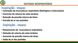 Inspiração - etapas
• Contração da musculatura respiratória (Diafragma e intercostais)
• Aumento do volume da caixa torácica
• Redução da pressão interna do tórax
• Entrada de ar nos pulmões
Expiração - etapas
• Relaxamento da musculatura respiratória
• Redução do volume da caixa torácica
• Aumento da pressão interna do tórax
• Saída de ar dos pulmões
 