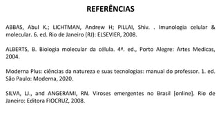 REFERÊNCIAS
ABBAS, Abul K.; LICHTMAN, Andrew H; PILLAI, Shiv. . Imunologia celular &
molecular. 6. ed. Rio de Janeiro (RJ): ELSEVIER, 2008.
ALBERTS, B. Biologia molecular da célula. 4ª. ed., Porto Alegre: Artes Medicas,
2004.
Moderna Plus: ciências da natureza e suas tecnologias: manual do professor. 1. ed.
São Paulo: Moderna, 2020.
SILVA, LJ., and ANGERAMI, RN. Viroses emergentes no Brasil [online]. Rio de
Janeiro: Editora FIOCRUZ, 2008.
 