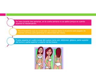 Se hace durante tres semanas, en la cuarta semana no se aplica porque es cuando
aparece la menstruación.
Recomendamos que se compruebe de manera diaria si el parche está pegado de
manera correcta para garantizar la efectividad del mismo.
Puede pegarse en cuatro zonas del cuerpo como son: abdomen, glúteos, parte superior
del tronco y parte superior y exterior de los brazos.
 