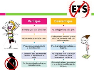 Ventajas
Semanal y de fácil aplicación.
No tiene efecto sobre el peso.
Proporcionar regularidad a
la menstruación.
Cuando se deja de utilizar se
retoma la fertilidad de la
mujer.
No tiene costo elevado y no
necesita receta.
Desventajas
No protege frente a las ETS.
En la primera semana que se
utiliza, se tiene que usar otro
anticonceptivo.
Puede producir sarpullidos en
la zona.
No se puede usar si la mujer
está lactando o tiene
enfermedad hepática.
Contraindicada en sobrepeso
y si se tienen problemas de
corazón.
 