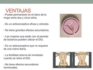 VENTAJAS
- Puede permanecer en el útero de la
mujer entre dos y cinco años.
- Es un anticonceptivo eficaz y cómodo.
- No tiene grandes efectos secundarios.
- Las mujeres que están con el periodo
de lactancia pueden utilizar el DIU.
- Es un anticonceptivo que no requiere
de una rutina diaria.
- La fertilidad retorna de inmediato
cuando se retira el DIU.
- No tiene efectos secundarios
hormonales.
 