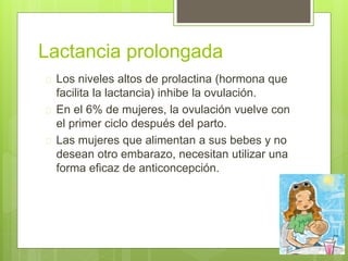 Lactancia prolongada
 Los niveles altos de prolactina (hormona que
facilita la lactancia) inhibe la ovulación.
 En el 6% de mujeres, la ovulación vuelve con
el primer ciclo después del parto.
 Las mujeres que alimentan a sus bebes y no
desean otro embarazo, necesitan utilizar una
forma eficaz de anticoncepción.
 