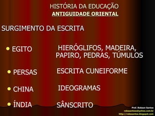 HISTÓRIA DA EDUCAÇÃO   ANTIGUIDADE ORIENTAL SURGIMENTO DA ESCRITA Prof. Robson Santos [email_address] http://robssantos.blogspot.com EGITO HIERÓGLIFOS, MADEIRA, PAPIRO, PEDRAS, TÚMULOS PERSAS CHINA ESCRITA CUNEIFORME IDEOGRAMAS ÍNDIA SÂNSCRITO 