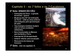 11/01/2012 APOCALIPSE 14
6º Selo: SINAIS DO CÉU
Comoções da Terra – o grande
terremoto – guerra
Mudança dos 23º de inclinação
da Terra - volta ao clima anterior
sem estações pela aproximação
de astro.
Tipo biológico também mudará
com as novas condições
ambientais.
Bem Aventurados os Mansos
que herdarão a Terra.
Expurgo de 2/3 da população
Umbral inferior será esvaziado.
Reencarna em massa de
trevosos.
7º Selo: (ver no capitulo 7)
 