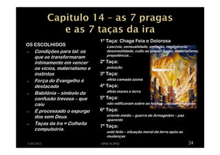 OS ESCOLHIDOS
→ Condições para tal: os
que se transformaram
intimamente em vencer
os vícios, materialismo e
instintos
→ Força do Evangelho é
destacada
→ Babilônia – símbolo da
confusão trevosa – que
caiu
→ É processado o expurgo
dos sem Deus.
→ Taças da Ira = Colheita
compulsória.
11/01/2012 APOCALIPSE 24
1ª Taça: Chaga Feia e Dolorosa
Lascívia, sensualidade, omissão, negligência,
desonestidade, culto ao prazer fugaz, materialismo,
prepotência...
2ª Taça:
poluição
3ª Taça:
afeta camada ozona
4ª Taça:
afeta mares e terra
5ª Taça:
não edificaram sobre as rochas – reclamam agora
6ª Taça:
oriente médio – guerra de Armagedon – paz
aparente
7ª Taça:
está feito – situação moral da terra após as
mudanças
 