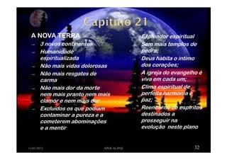 A NOVA TERRA
→ 3 novos continentes
→ Humanidade
espiritualizada
→ Não mais vidas dolorosas
→ Não mais resgates de
carma
→ Não mais dor da morte
nem mais pranto nem mais
clamor e nem mais dor
→ Excluídos os que podiam
contaminar a pureza e a
cometerem abominações
e a mentir
11/01/2012 APOCALIPSE 32
→ Esplendor espiritual
→ Sem mais templos de
pedra;
→ Deus habita o intimo
dos corações;
→ A igreja do evangelho é
viva em cada um;
→ Clima espiritual de
perfeita harmonia e
paz;
→ Reencarne de espíritos
destinados a
prosseguir na
evolução neste plano
 