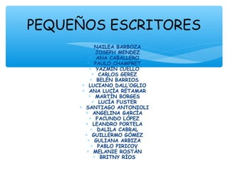 ∗ NAILEA BARBOZA
∗ JOSEPH MENDEZ
∗ ANA CABALLERO
∗ PAULO CHAMPRET
∗ YAZMÍN CUELLO
∗ CARLOS GEREZ
∗ BELÈN BARRIOS
∗ LUCIANO...