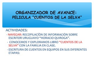 ACTIVIDADES:
- NAVEGAR: RECOPILACÍÒN DE INFORMACIÒN SOBRE
ESCRITOR URUGUAYO “HORACIO QUIROGA”.
- CONOCEMOS Y EXPLORAMOS LI...