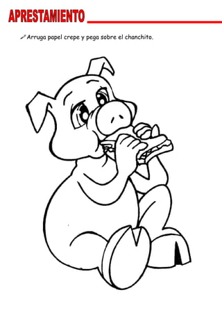 Arruga papel crepe y pega sobre el chanchito.
 